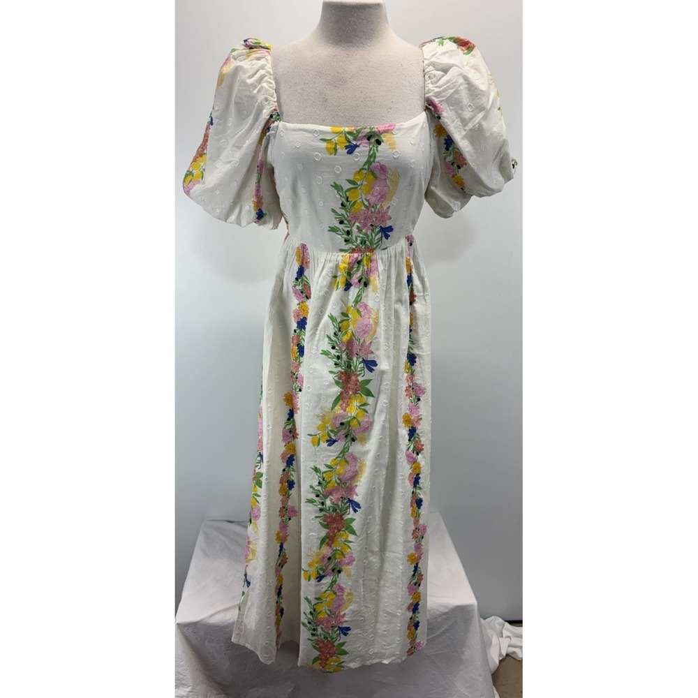 White Floral Puff Sleeve Midi Dress